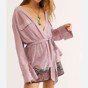 Free People Mauve Gauze Safari Wrap Top Blouse Oversized Lightweight Medium